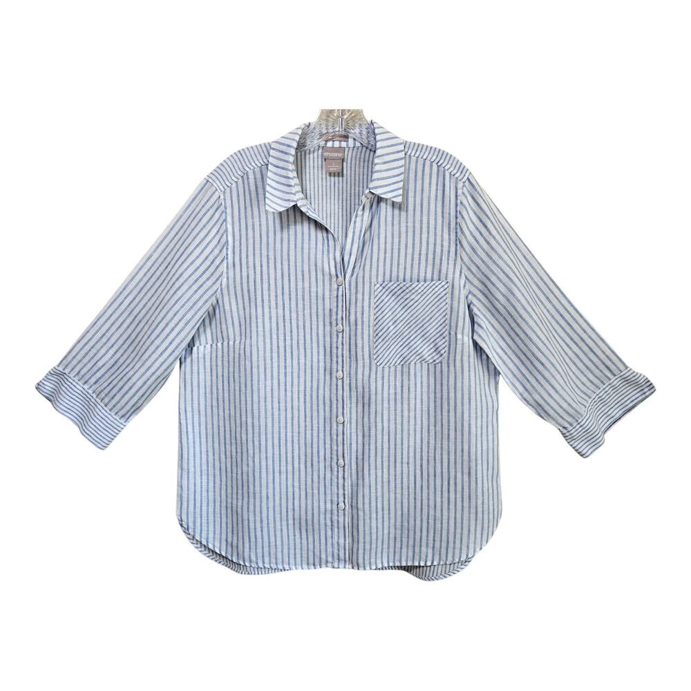 CHICO'S 2 Women 12 14 Tunic Blouse 100% Linen Blue White Striped 3/4 Sleeve 42"